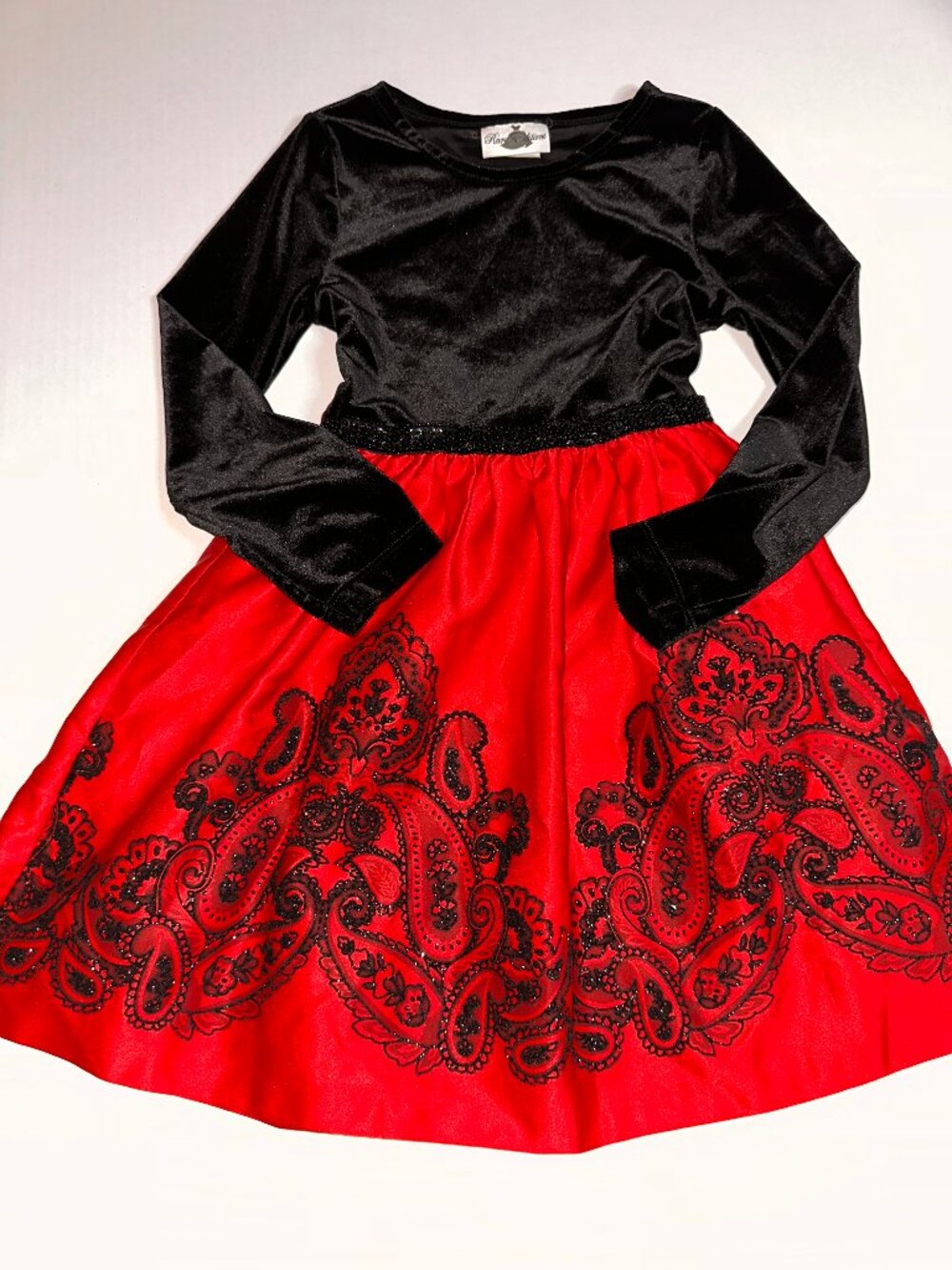 Rare Editions Red Black Velvet BEADED WAIST Girls Dress Sz 7 Holiday Damask #756